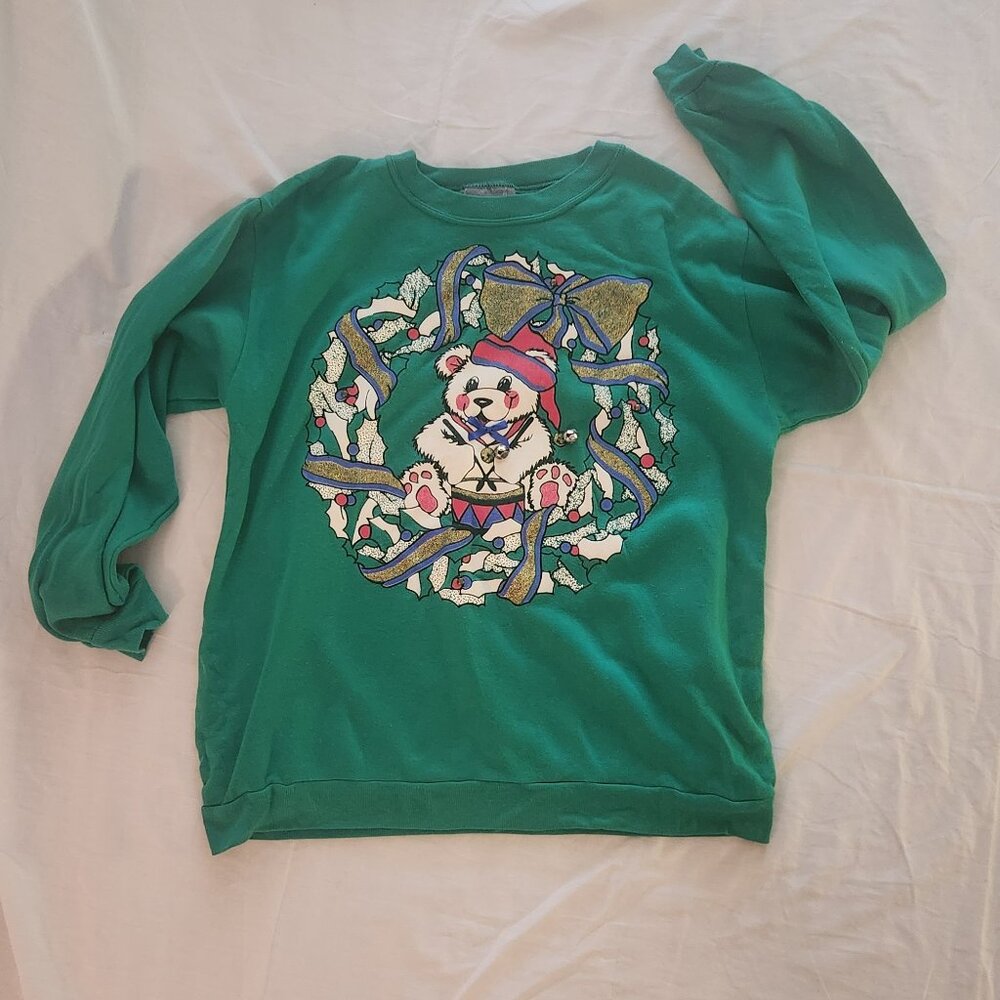 Vintage Christmas Sweater With Teddy Bear Wreath Functional Bells Size Medium